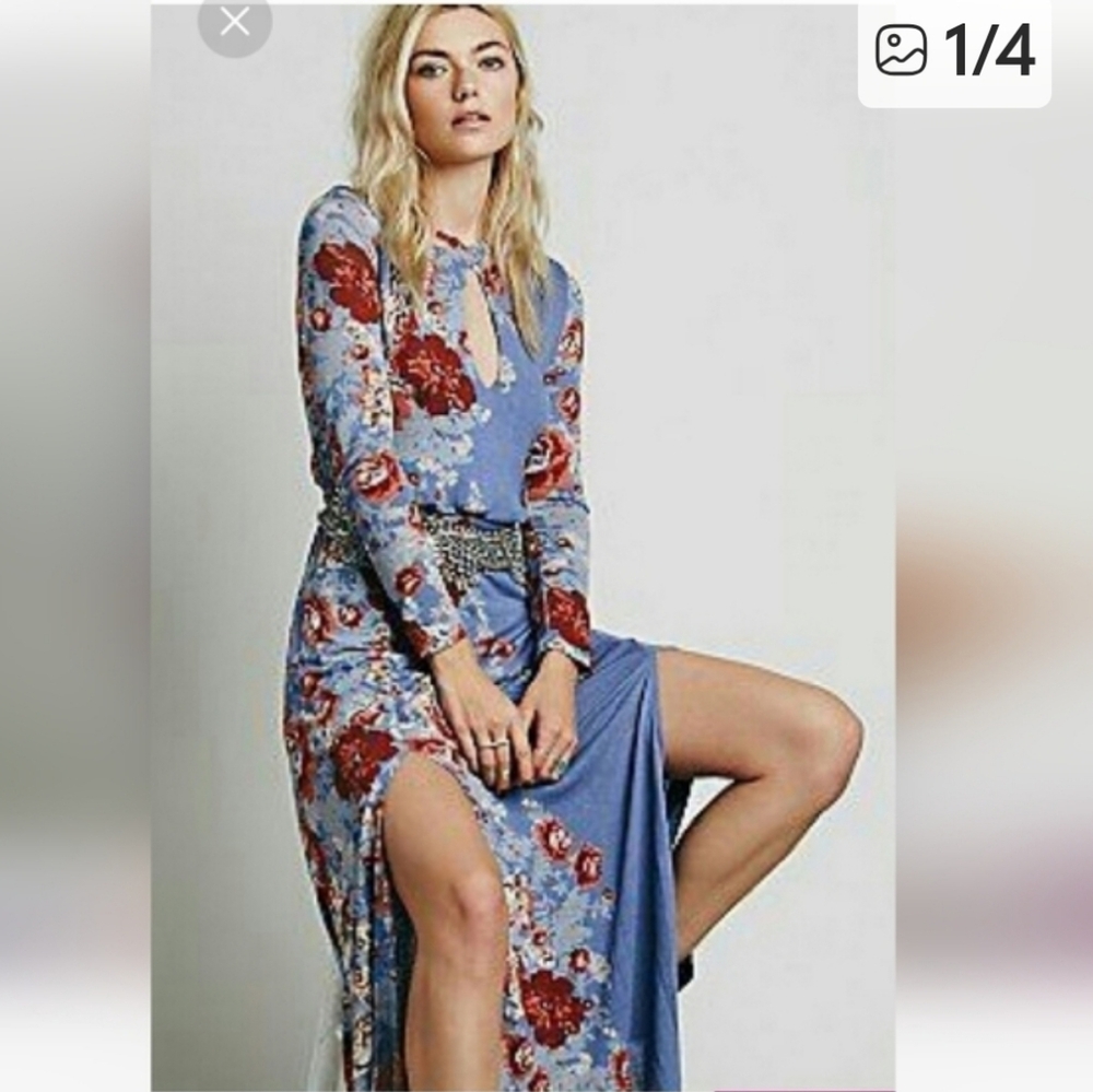 Free People Blue Floral Long Sleeve Maxi Dress with Red Roses